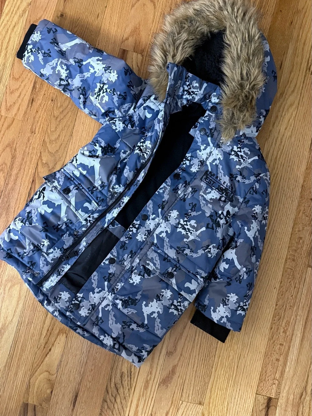 Perry Ellis Blue Camouflage Kids Puffer Jacket with Faux-Fur Hood